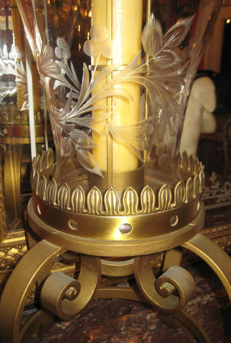 Large Pair of 19th Century Iron and Etched Glass Hurricane Lamps In Good Condition In Miami, FL