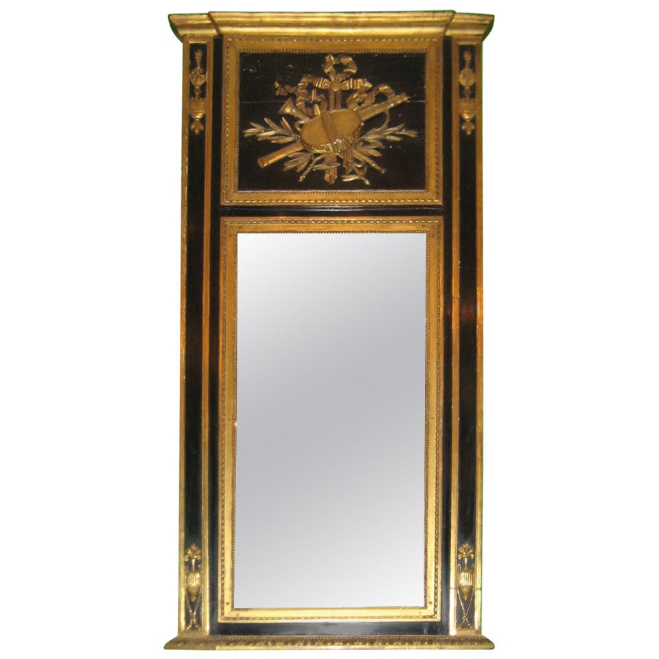 19th Century Neoclassical Black Painted and Carved Giltwood Trumeau Mirror For Sale