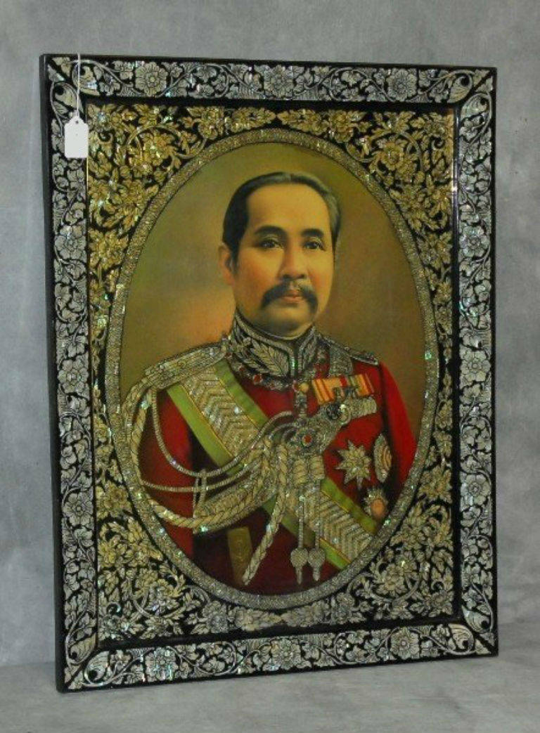 King Rama of Thailand historically known as the King of Siam. This is a magnificent hand embellished print with a mother-of-pearl frame.