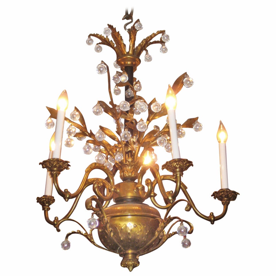 Continental Bronze and Crystal Five-Light Chandelier For Sale