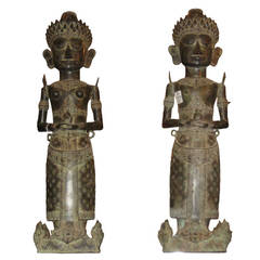 Large Pair of Indonesian Bronze Standing King and Queen Figures