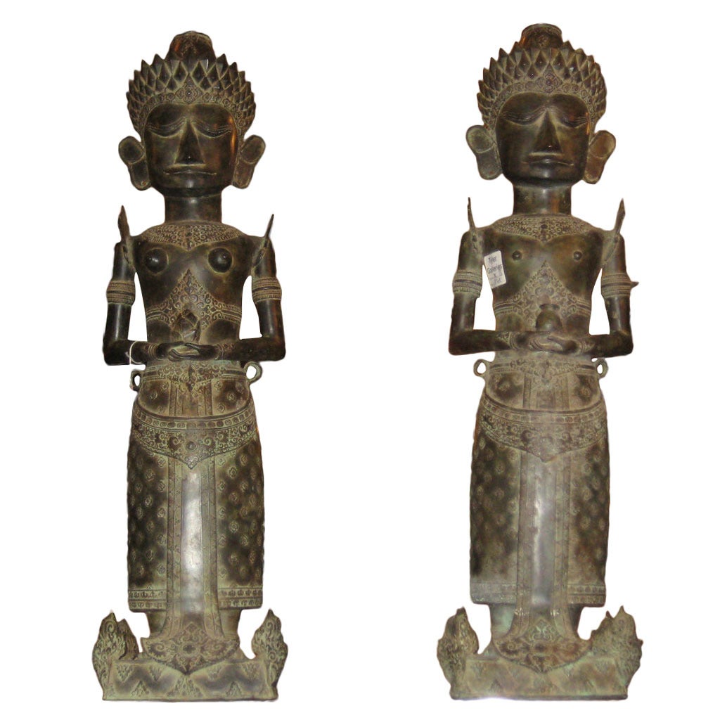 Large Pair of Indonesian Bronze Standing King and Queen Figures For Sale
