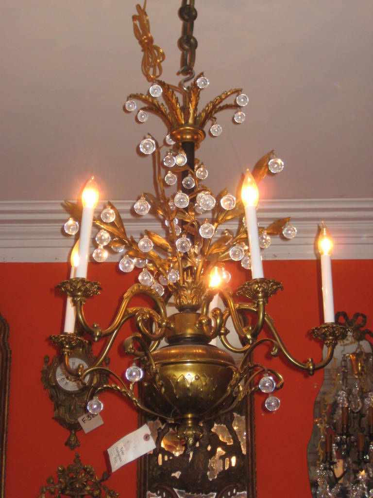 Continental bronze and crystal five-light chandelier, nicely cast with applied crystal balls.