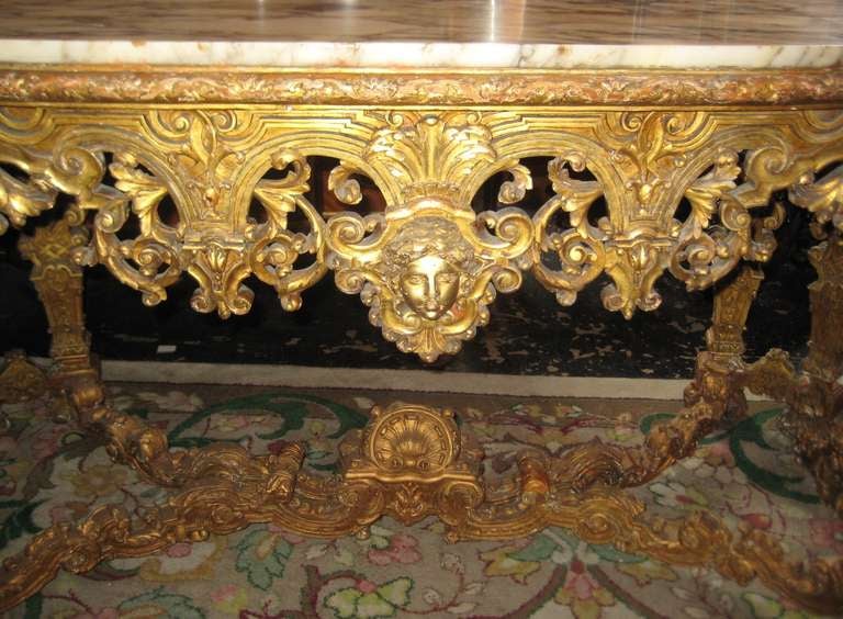 French 19th Century Louis XIV Carved Giltwood and Marble-Top Center Table
