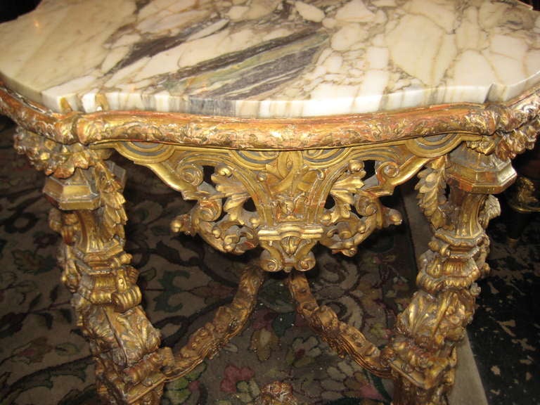 19th Century Louis XIV Carved Giltwood and Marble-Top Center Table 1