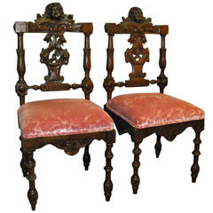 19th Century Pair of Italian Carved Walnut, Renaissance Chairs