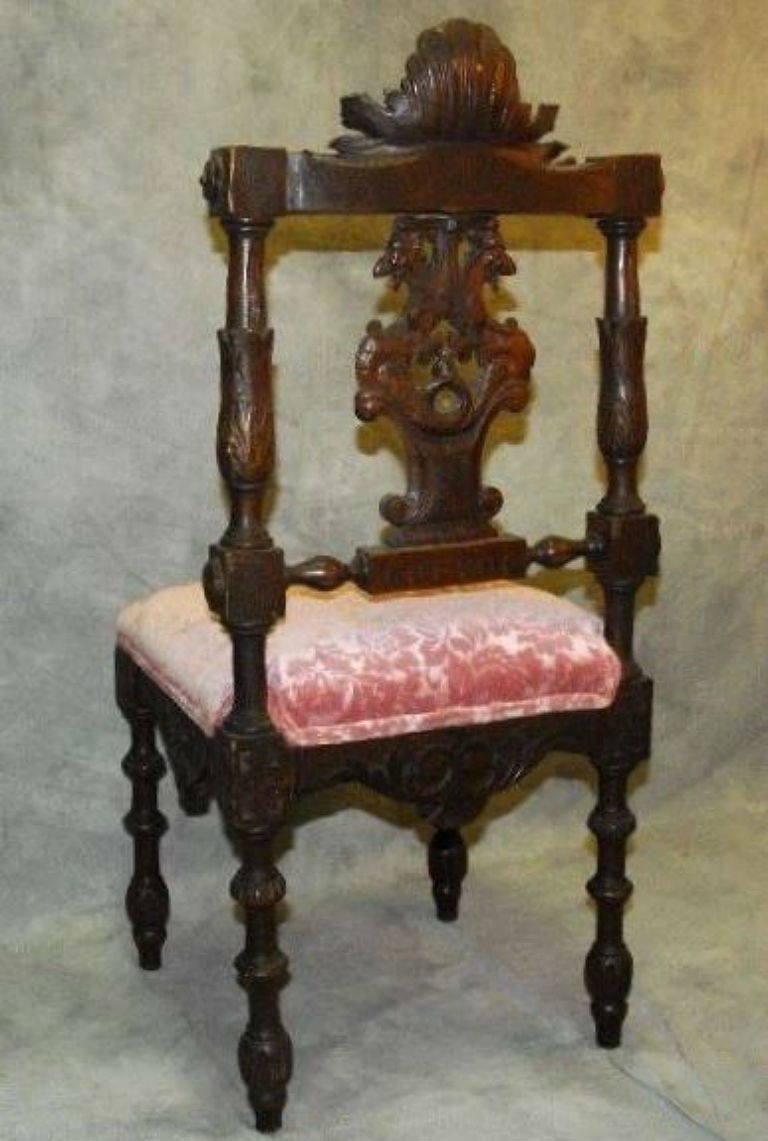Renaissance Revival 19th Century Pair of Italian Carved Walnut, Renaissance Chairs