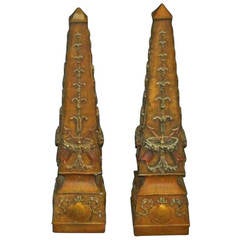 Pair of Polychrome Cast Stone Obelisks