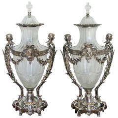 Vintage Magnificent Pair of Baccarat Crystal and Silvered Bronze Mounted Urns and Covers