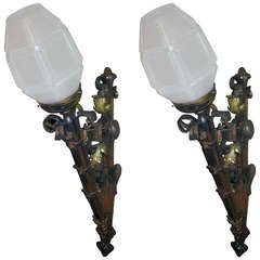 Pair of Italian Iron and Bronze Torchiere Sconces