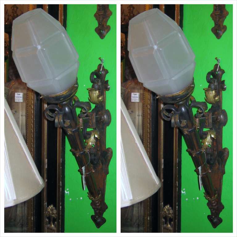 Pair of Italian Iron and Bronze Torchiere Sconces