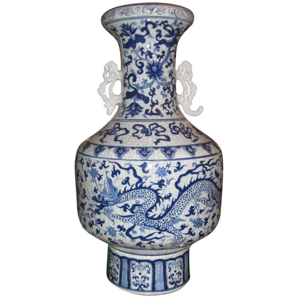 Very Large Chinese Export Blue and White Porcelain Crackle Glaze Dragon Vase