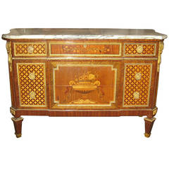 19th Century Louis XVI Marquetry and Parquetry Inlaid Marble-Top Commode