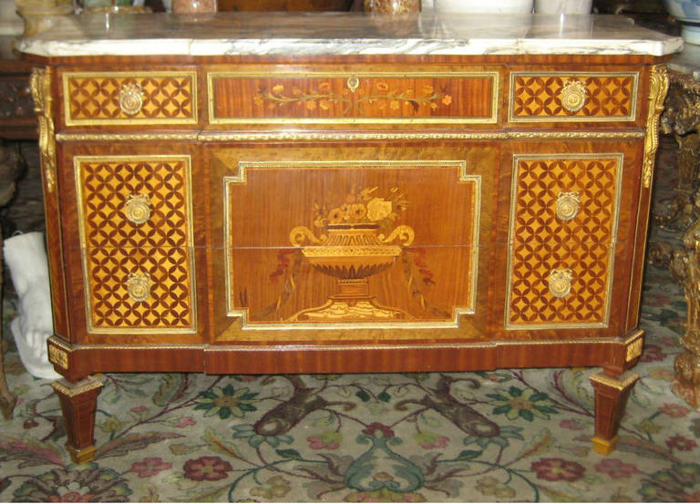 19th Century Louis XVI Marquetry and Parquetry Inlaid Marble-Top Commode