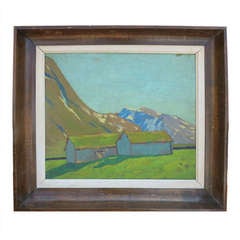 19th c Painting of 2 Houses in the Mountain 8