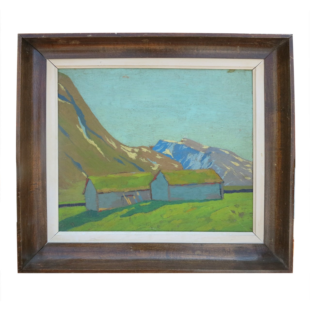 19th c Painting of 2 Houses in the Mountain For Sale