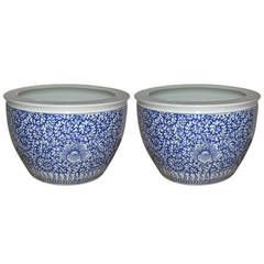 Pair of Large Chinese Export Blue and White Porcelain Planters