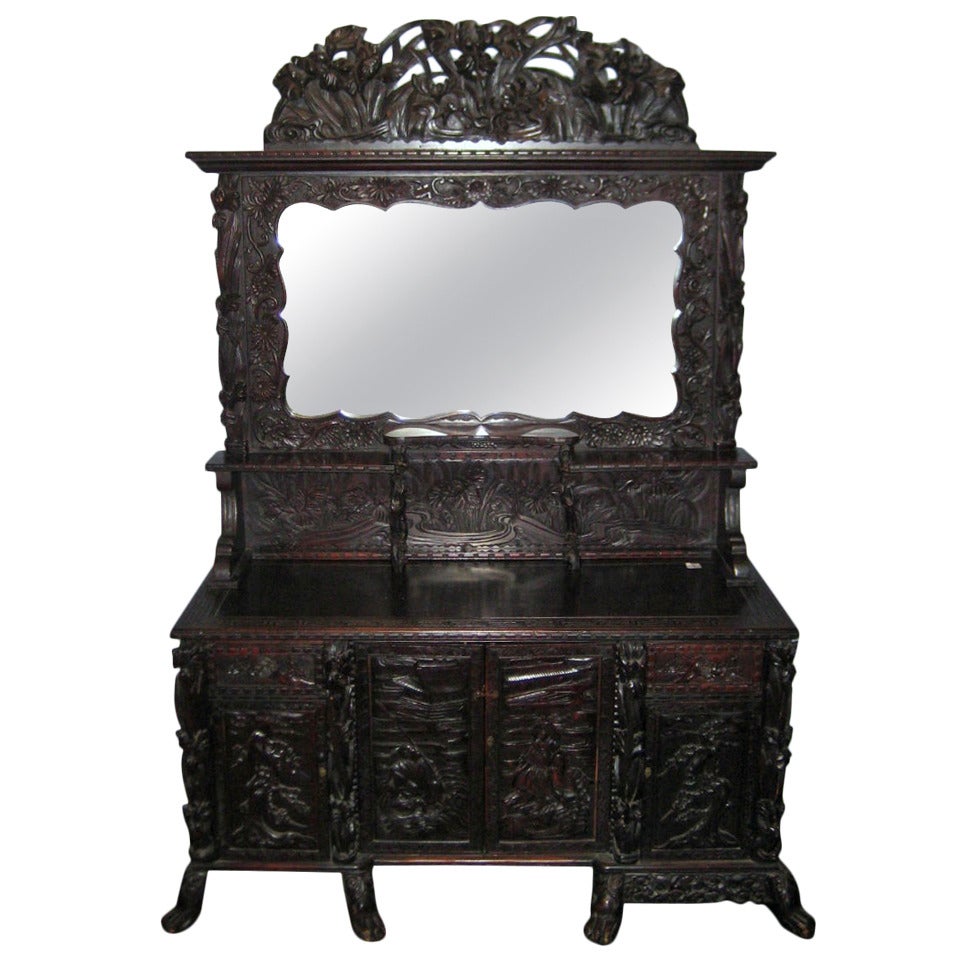 19th Century Japanese Export Carved Hardwood Buffet For Sale