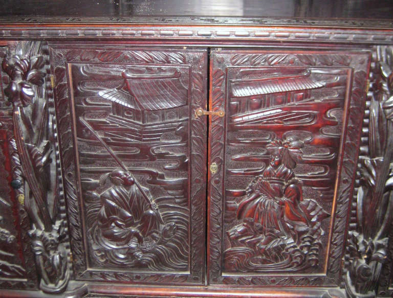 Wood 19th Century Japanese Export Carved Hardwood Buffet For Sale