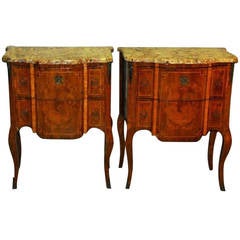 Pair of 19th Century Louis XV Kingwood and Marquetry Inlaid Marble-Top Commodes