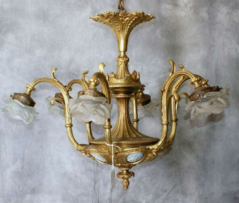 Gilt Bronze and Jasperware, probably Wedgwood, six light chandelier in the Manner of Robert Adam with six frosted glass rose petal form shades,