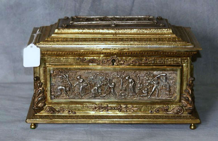 Large Continental bronze and silvered bronze jewel box (casket) of rectangular form with hinged lid.