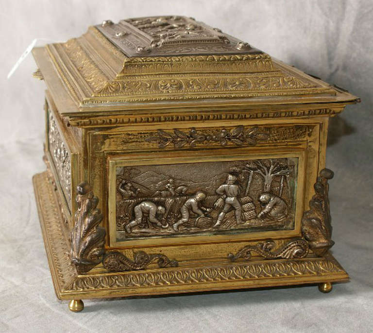 Italian Large Continental Bronze and Silvered Bronze Jewel Box
