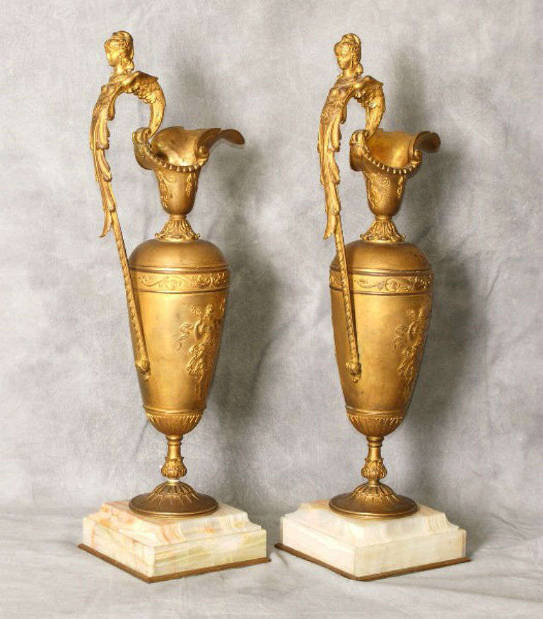 Pair of 19th c. Empire Gilt Bronze And Onyx Ewers - REDUCED