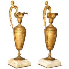 Pair of 19th c. Empire Gilt Bronze And Onyx Ewers - REDUCED