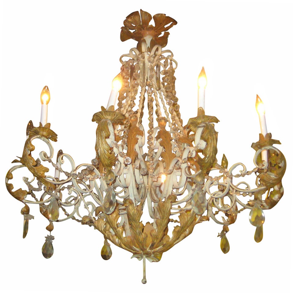 Louis XV Painted Iron and Gilt Metal and Crystal Ten-Light Chandelier For Sale