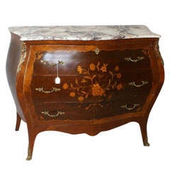 Louis XV Marquetry Inlaid Marble Top Bombe Commode