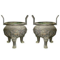 Pair of 19th Century Bronze Tripod Two-Handled Pots