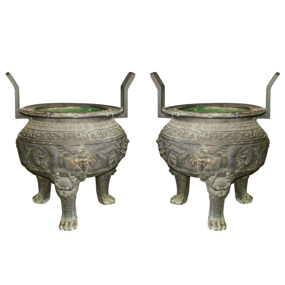 Pair of 19th Century Bronze Tripod Two-Handled Pots For Sale