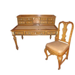 Antique Milanese Walnut & Ivory Inlaid Desk & Chair