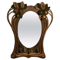 Large Art Nouveau Carved Painted and Parcel Gilt Wood Mirror