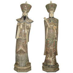 Very Large Pair of Chinese Carved and Polychrome Bone Emperor & Empress Figures