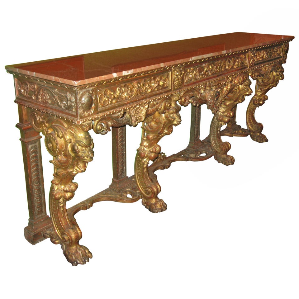 Large 19th Century Italian Carved Giltwood, Marble-Top Console Table