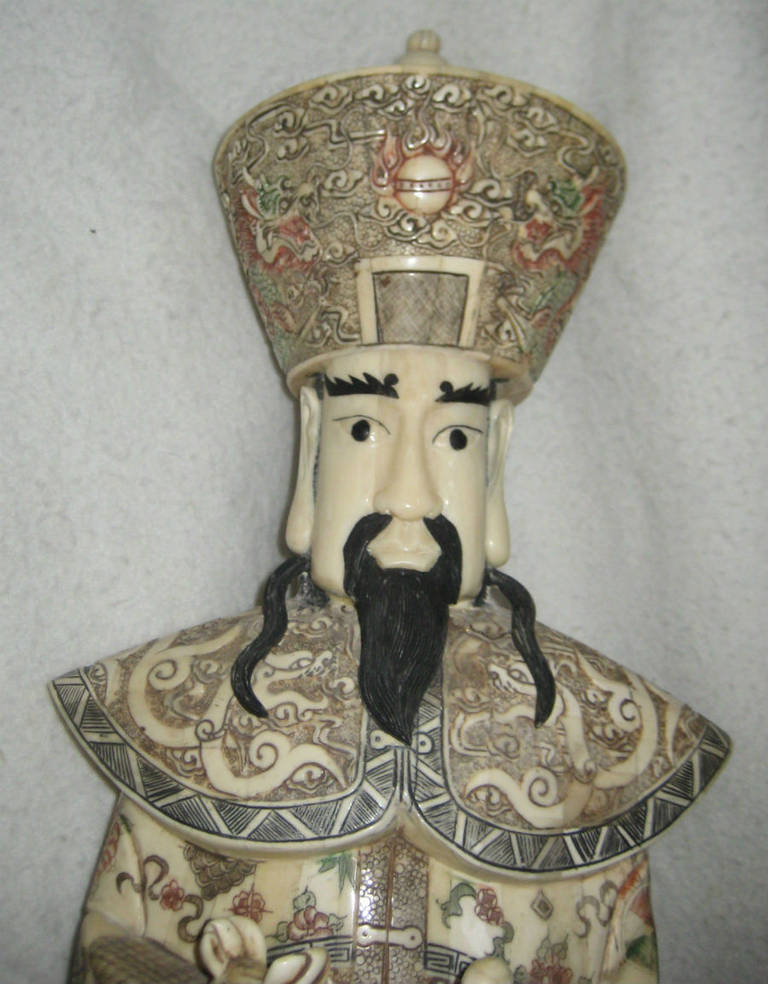 Chinese Export Very Large Pair of Chinese Carved and Polychrome Bone Emperor & Empress Figures
