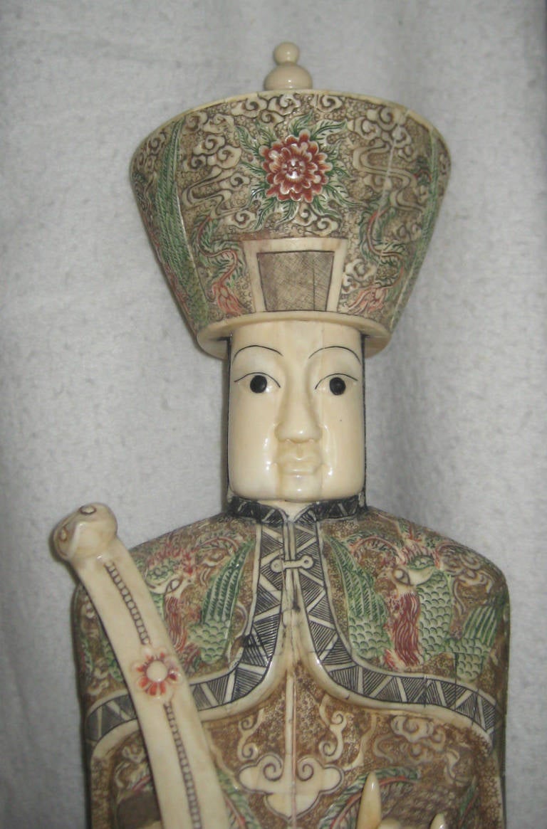 Very Large Pair of Chinese Carved and Polychrome Bone Emperor & Empress Figures In Good Condition In Miami, FL