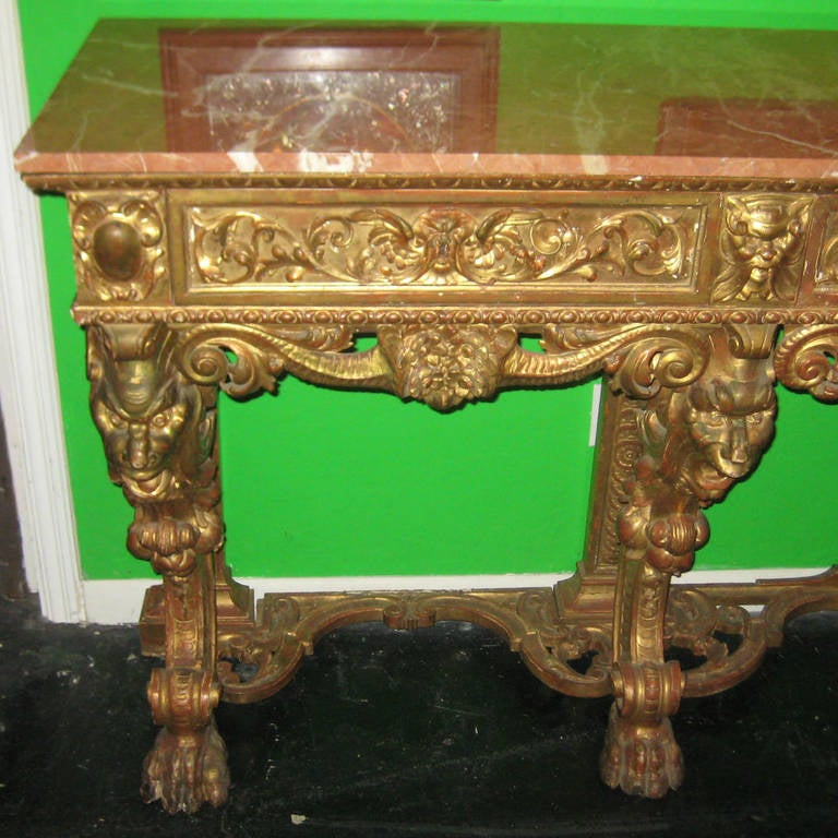 Baroque Large 19th Century Italian Carved Giltwood, Marble-Top Console Table