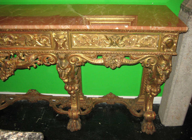 Large 19th Century Italian Carved Giltwood, Marble-Top Console Table 1