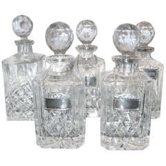 Vintage Five Crystal Decanters & Stoppers with Pewter Liquor Labels