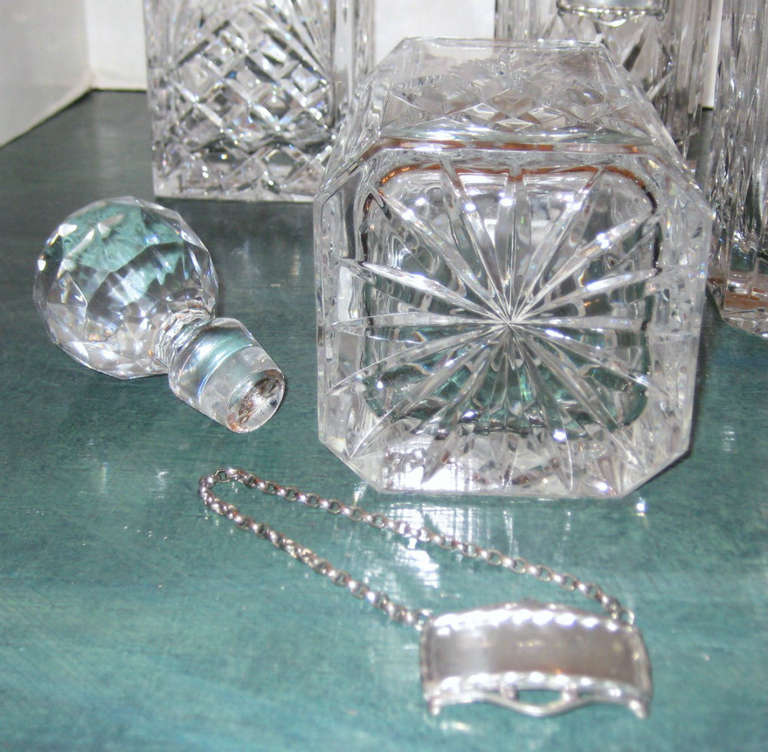 Unknown Five Crystal Decanters & Stoppers with Pewter Liquor Labels