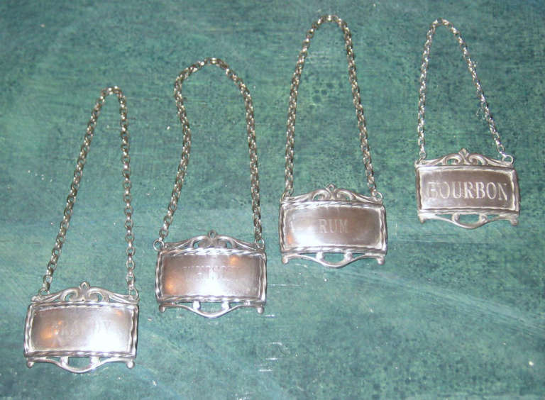 Five Crystal Decanters & Stoppers with Pewter Liquor Labels In Excellent Condition In Miami, FL