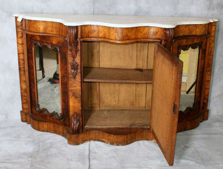 19th Century English Victorian Caved Walnut and Marble-Top Credenza For Sale 1