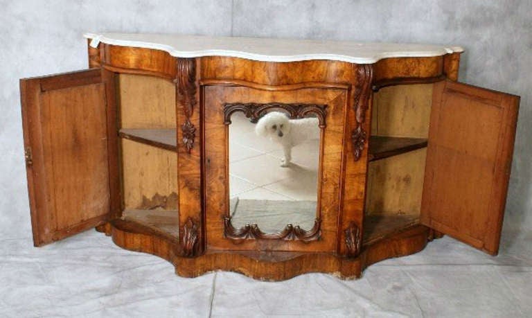 19th Century English Victorian Caved Walnut and Marble-Top Credenza For Sale 2