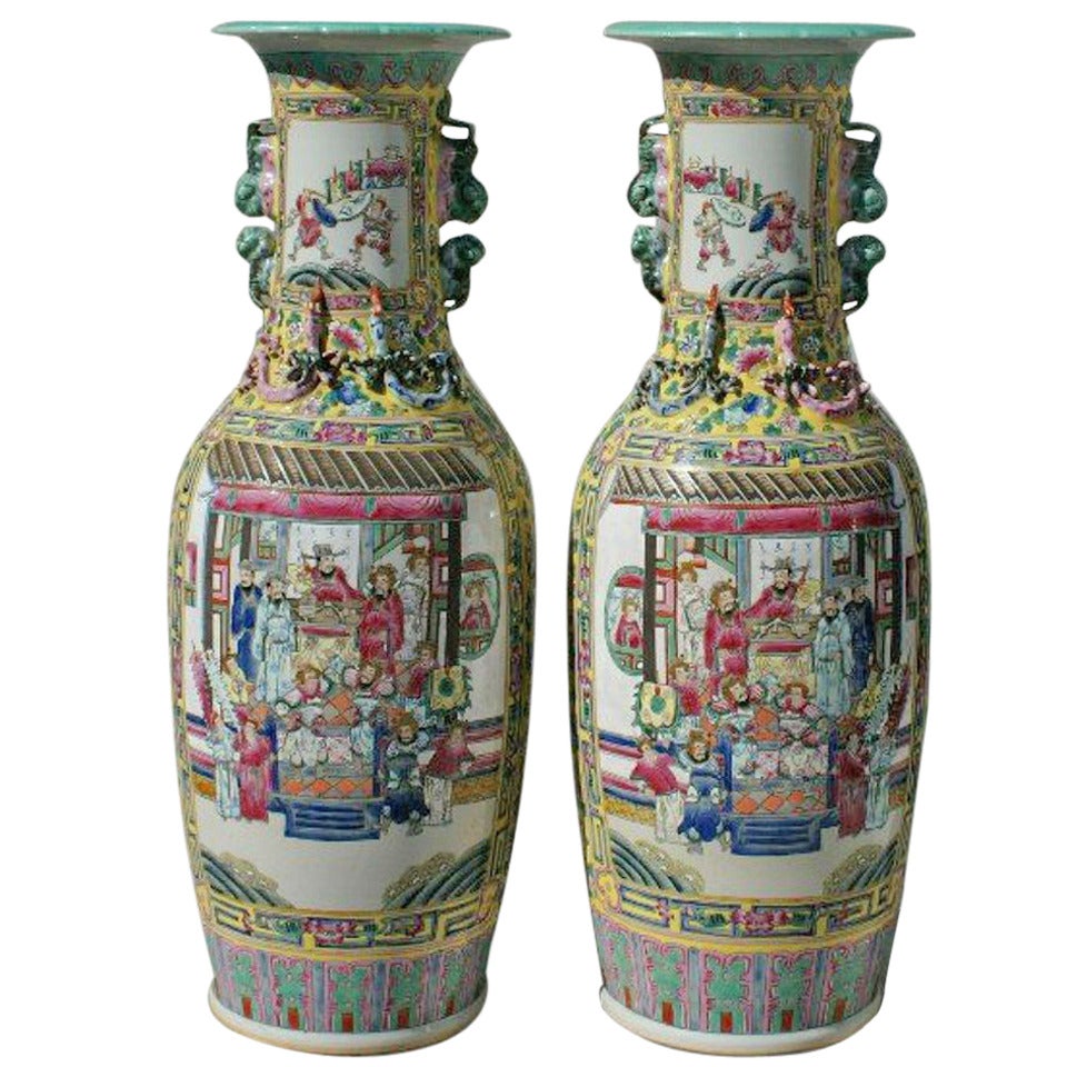 Fine Pair of 19th c. Chinese Famille Jaune porcelain Palace Size Vases