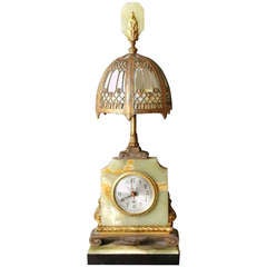 Vintage French Onyx and Bronze and Gilt Metal Clock and Lamp