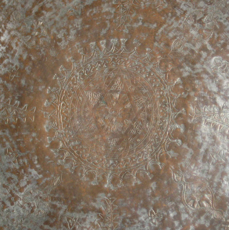 Antique Turkish engraved tinned copper tray centering a star of David.