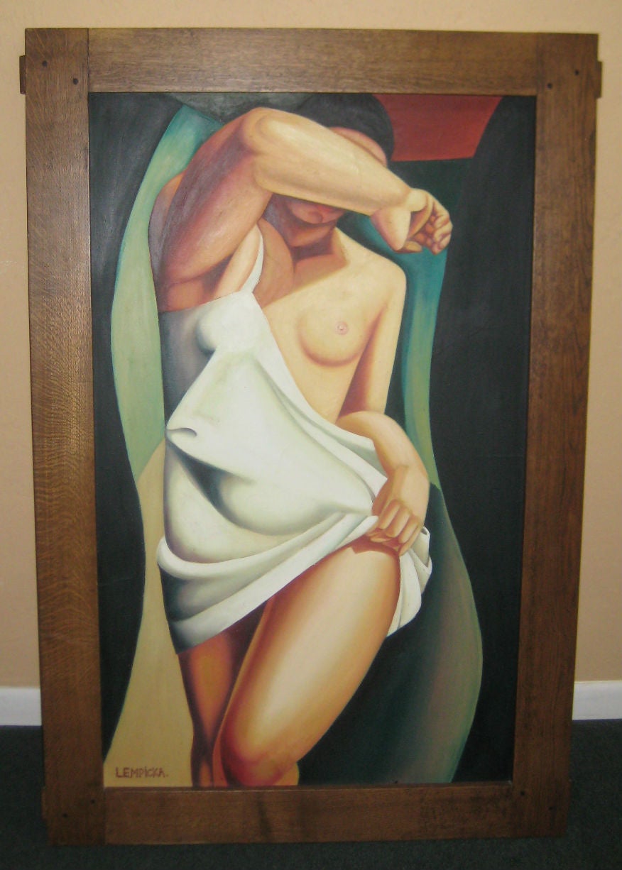 After Tamara De Lempicka, polish 1898-1980, oil on canvas, portrait of a nude woman in a nice oak frame. Canvas: 47.25